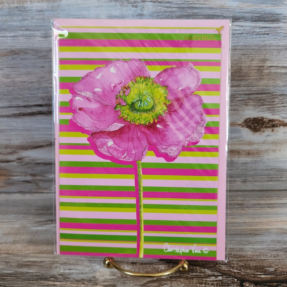 Papyrus Christopher Vine Pink Poppy Glitter Greeting Card Pink Green Striped